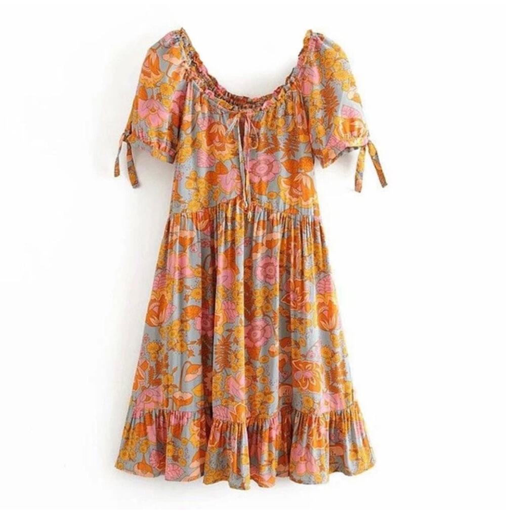 Women’s Floral Mini Peasant Dress Orange Pink Tie Sleeve Size M